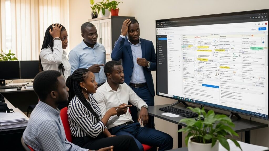 Education CRM failure shown as admission team confused while reviewing broken university CRM workflows on a large screen.