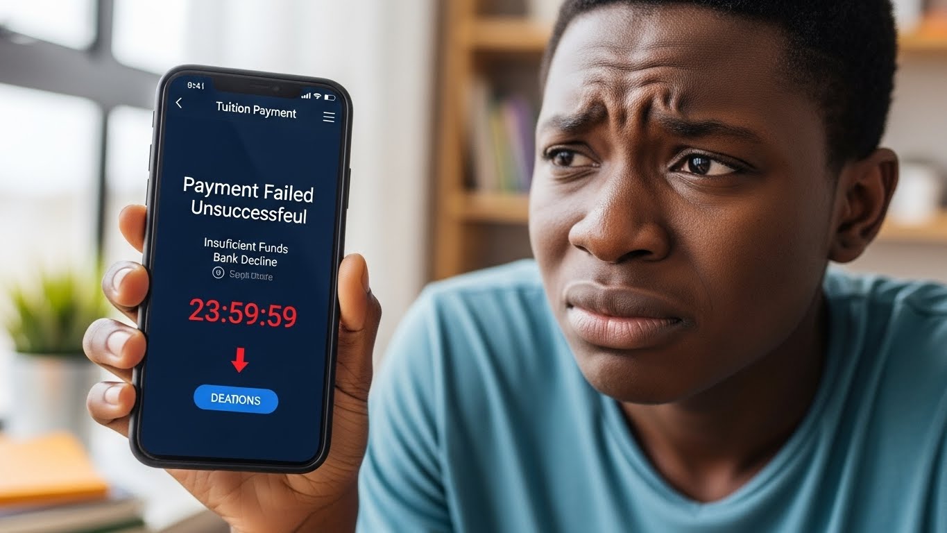 Student facing a failed tuition transaction on mobile screen showing bank decline and timeout, highlighting payment drop-off in online admissions.