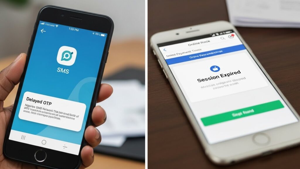 Delayed OTP message on smartphone during fee payment attempt, a common cause of payment drop-off in online admissions for mobile users.
