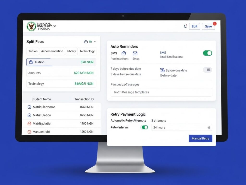University payment dashboard with split fees, auto reminders, and retry logic designed to reduce payment drop-off in online admissions.
