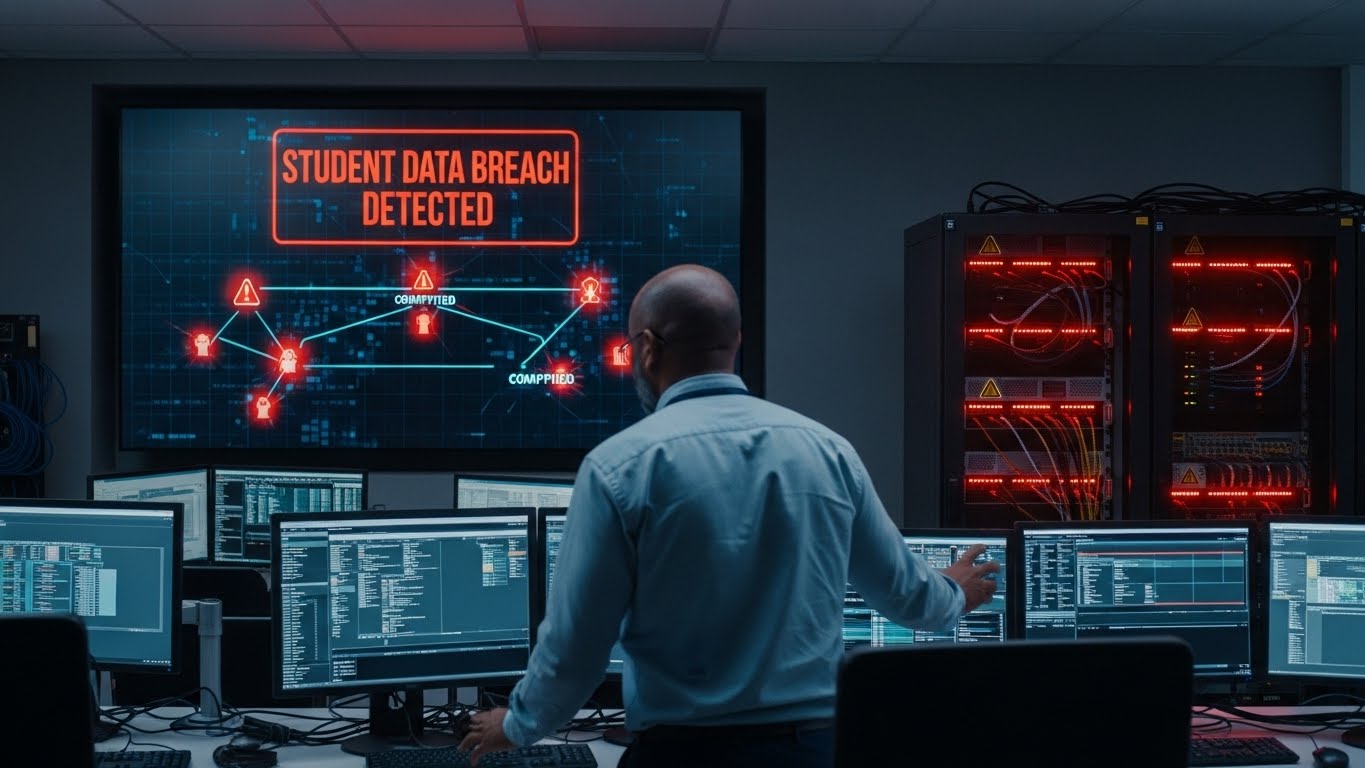 Student data breach alert on university server dashboard showing compromised student records and active cyber attack monitoring system