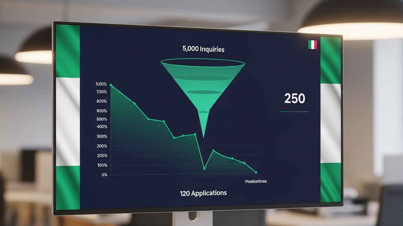 Admission funnel leakage shown through inquiry to application drop on admissions dashboard