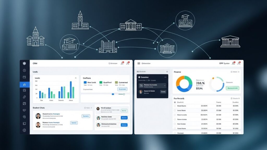 CRM vs ERP for education system architecture showing centralized CRM and ERP dashboards connected across campuses