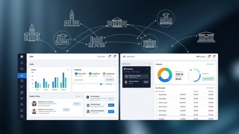 CRM vs ERP for education system architecture showing centralized CRM and ERP dashboards connected across campuses
