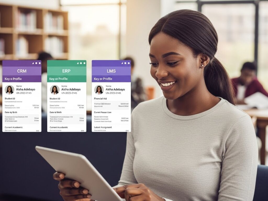 CRM vs ERP for education workflow diagram showing CRM handling leads and ERP managing payments through admissions