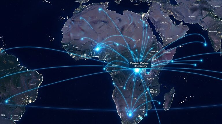 Map showing pan-African online education network connecting global universities with students across multiple African countries