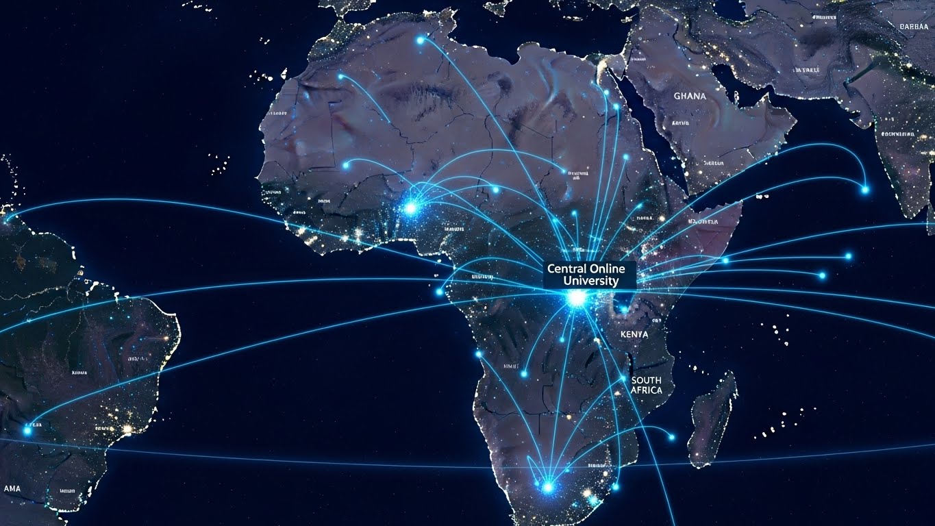 Map showing pan-African online education network connecting global universities with students across multiple African countries