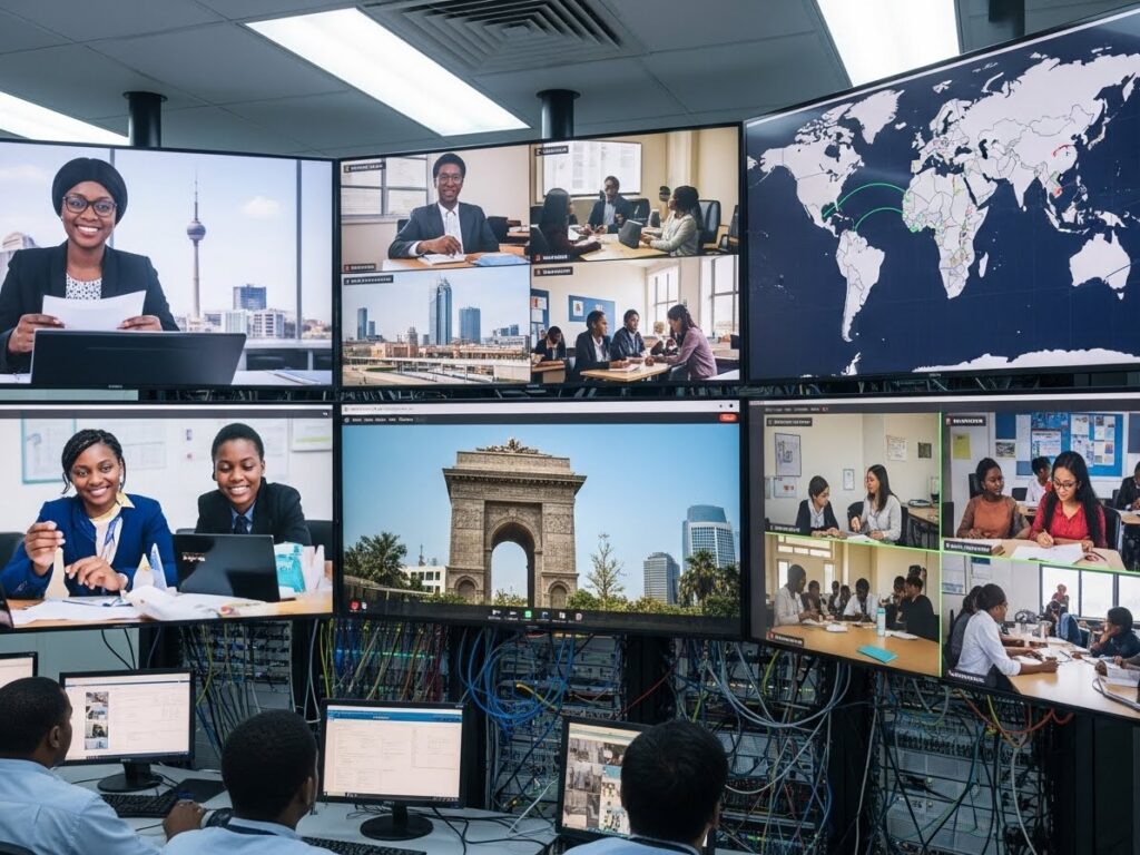 Central control room managing pan-African online education programs, virtual classrooms, and cross-border academic operations
