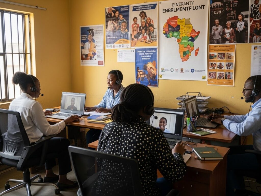 Regional support hub staff assisting students enrolled in pan-African online education programs through local enrolment and guidance