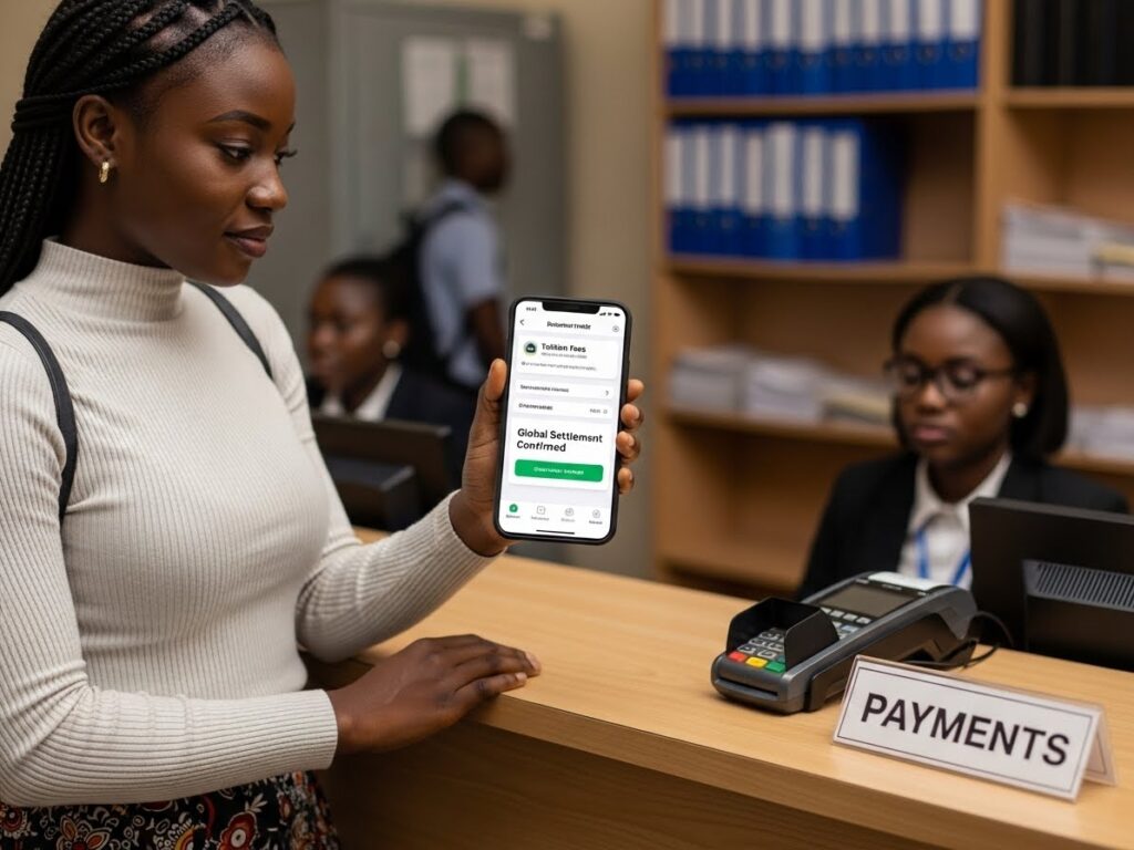 Student completing local payment for pan-African online education using mobile-based payment system with global settlement confirmation
