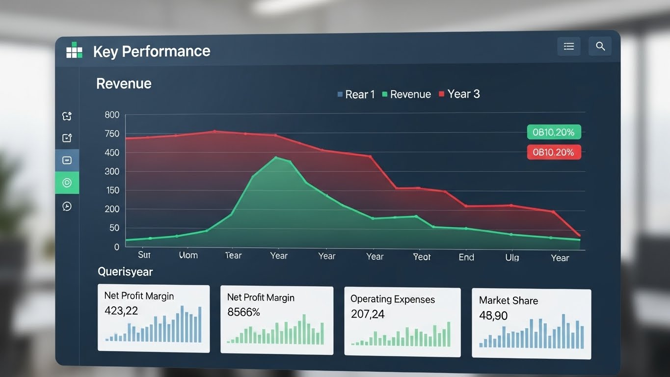 Dashboard showing revenue trends, profit margins, operating costs, and market share highlighting education revenue models over multiple years