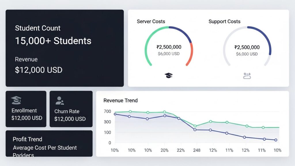 Student count and revenue dashboard showing 15000 plus students and income metrics explaining education revenue models in edtech platforms