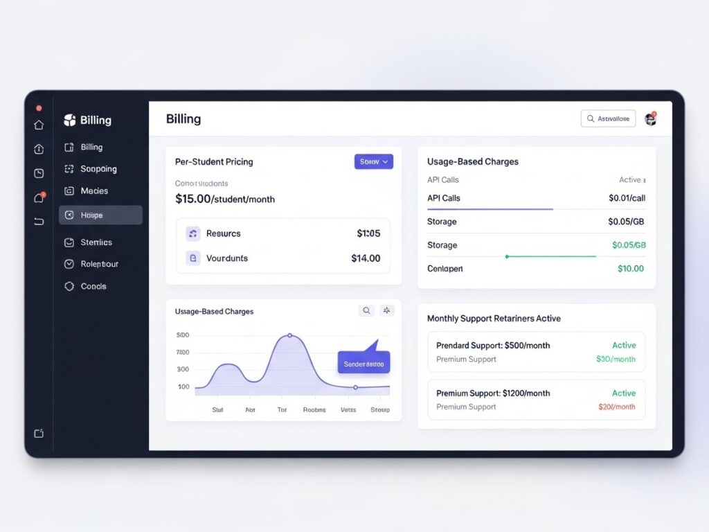 Billing dashboard with per student pricing and usage based charges demonstrating scalable education revenue models in LMS systems