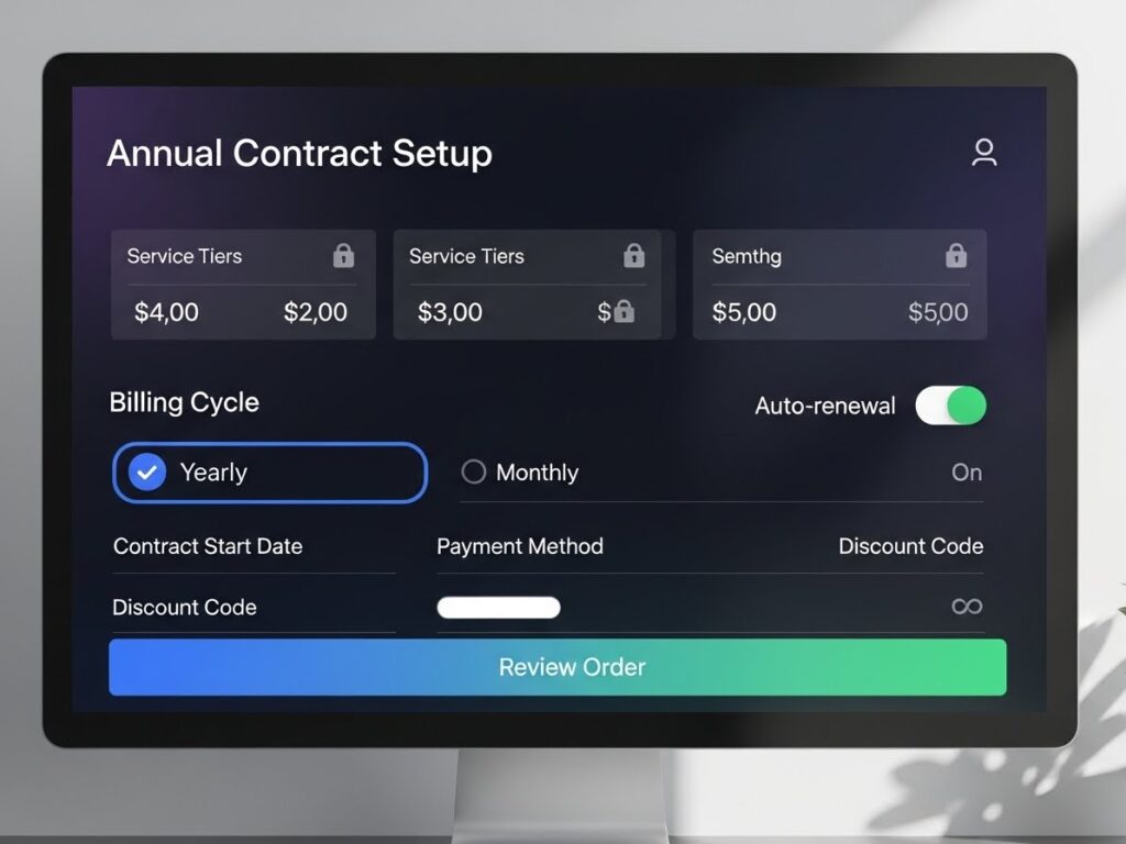 Annual contract setup screen with fixed service tiers and auto renewal showing pricing control in education revenue models