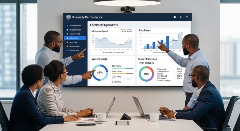University leadership team reviewing performance dashboards and analytics screens to evaluate university digital transformation success through measurable KPIs