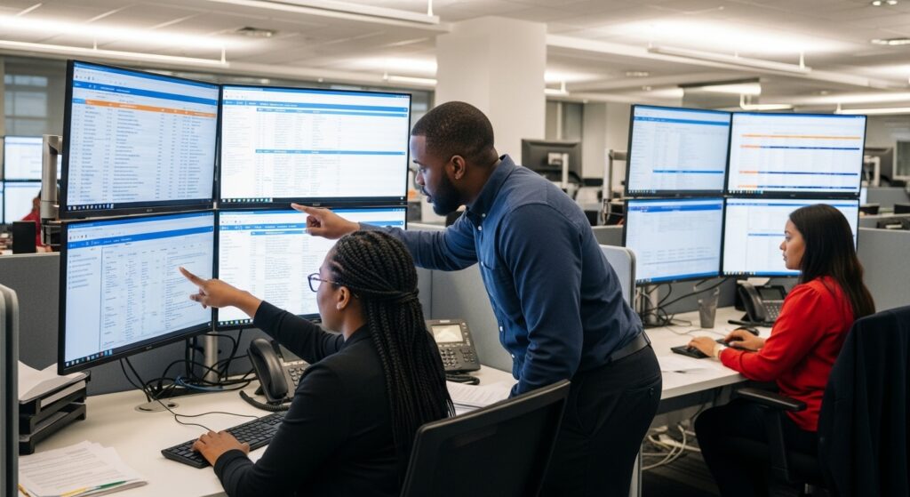 Admissions team reviewing applications on multiple screens powered by AI in university admissions systems.