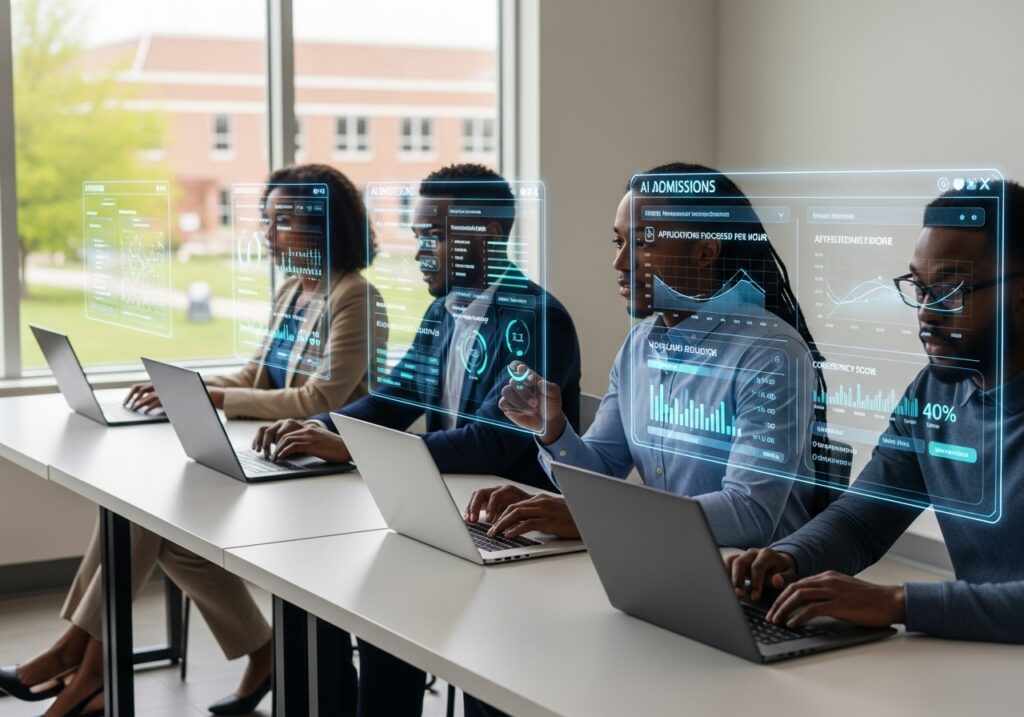 Students using AI in university admissions platform with data-driven dashboards and application tracking tools.