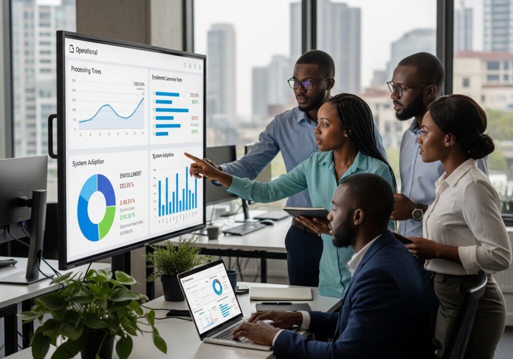 University performance dashboard presentation highlighting enrollment data, system usage, and higher education digital KPIs linked to university digital transformation success