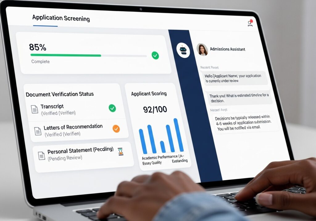 Application screening interface demonstrating how AI in university admissions evaluates transcripts and applicant scores.