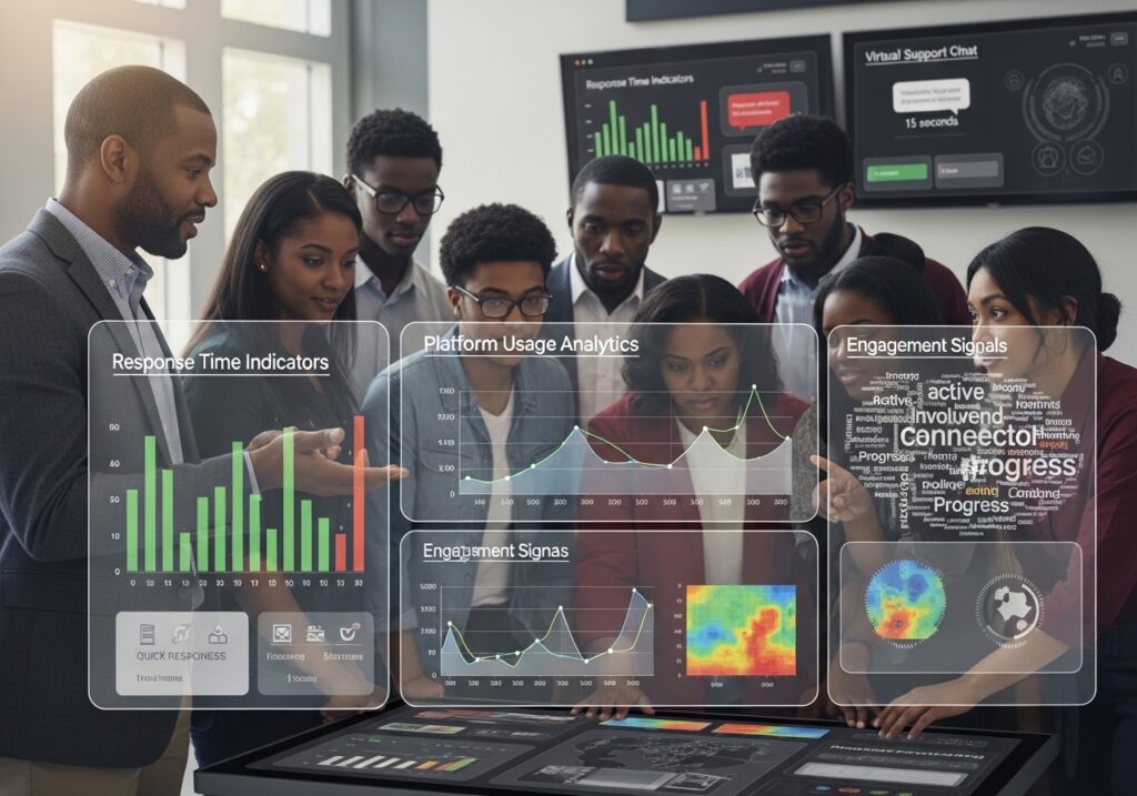 University administrators analyzing system adoption charts and digital transformation metrics in universities to assess university digital transformation success