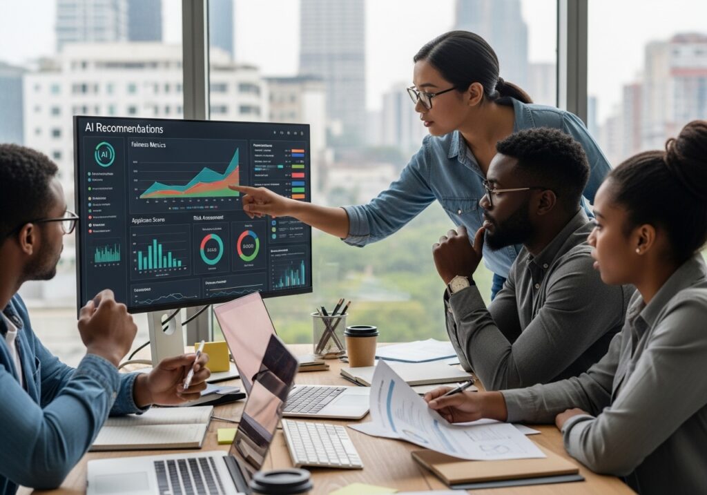 University admissions team analyzing performance metrics using AI in university admissions recommendation system.