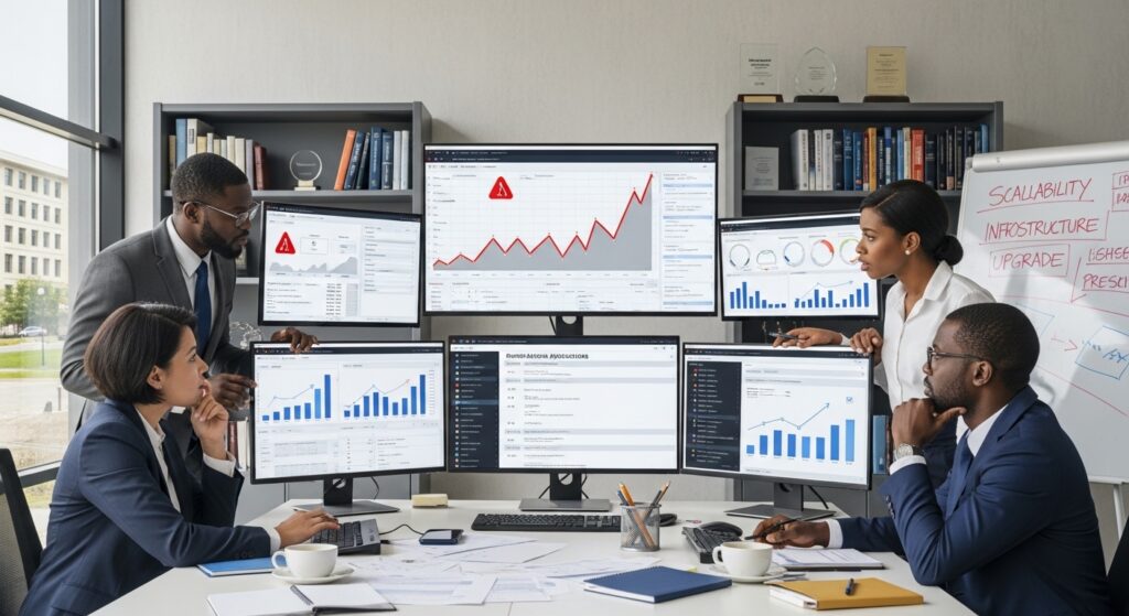 University leadership team reviewing dashboards while discussing scaling online programs in universities and challenges of online education growth