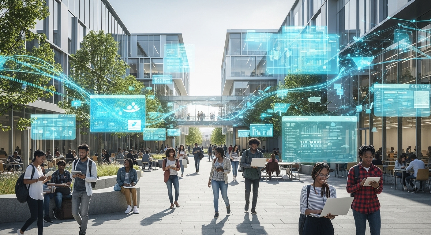 Students using connected digital platforms across a modern university courtyard representing a digital campus in higher education powered by smart campus systems and integrated data networks.