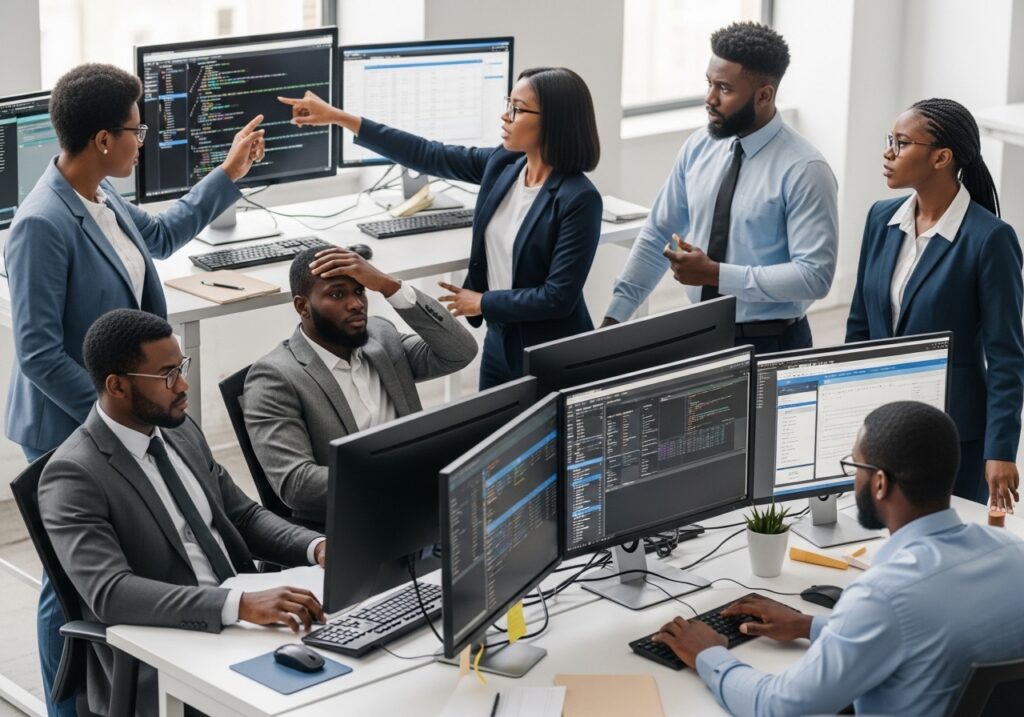 IT and academic team debating technical issues during scaling online programs in universities, highlighting online program scalability concerns