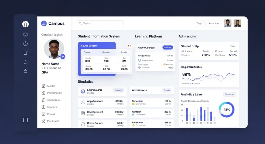 Unified dashboard showing student information system, learning platform, admissions, and analytics as part of a digital campus in higher education supporting digital transformation in universities.