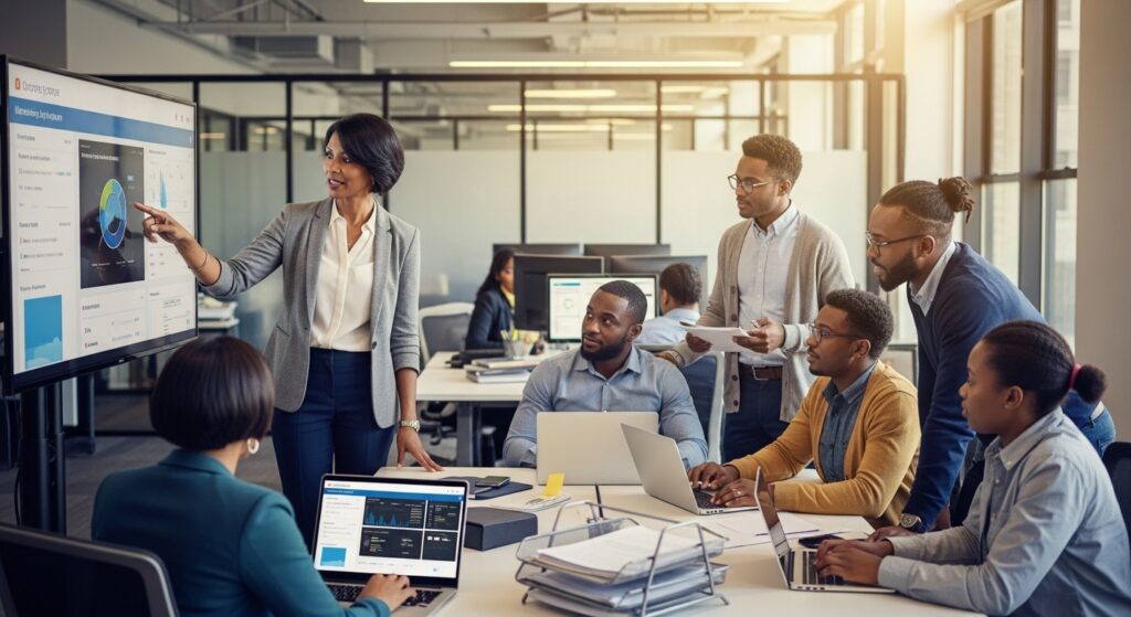 University leadership team reviewing real-time analytics and system reports to guide digital campus strategy and improve operations in a digital campus in higher education environment.
