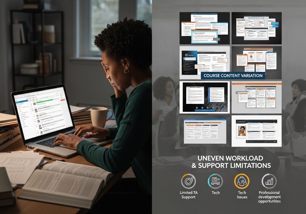 Faculty member working late on course platform showing strain caused by scaling online programs in universities and online program scalability challenges
