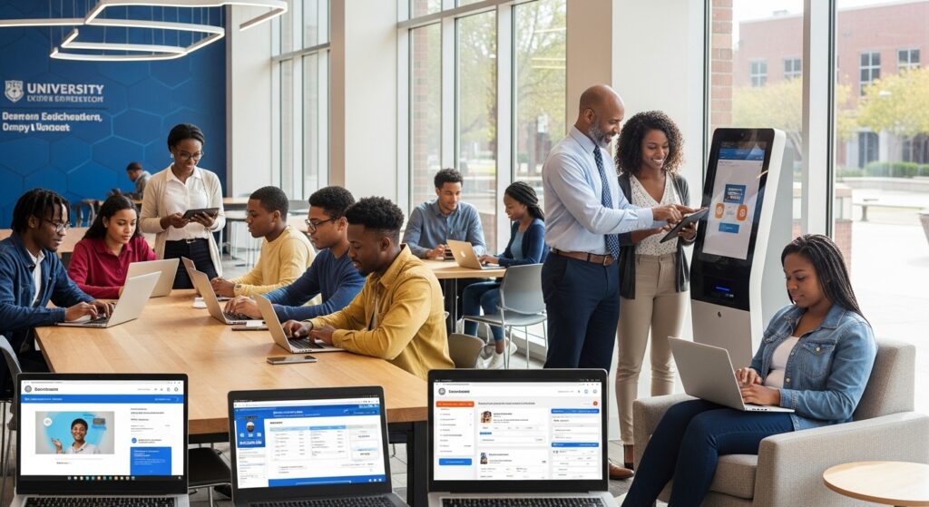Students and staff using online enrollment, student portals, and learning systems inside a connected digital campus in higher education driven by smart campus systems.
