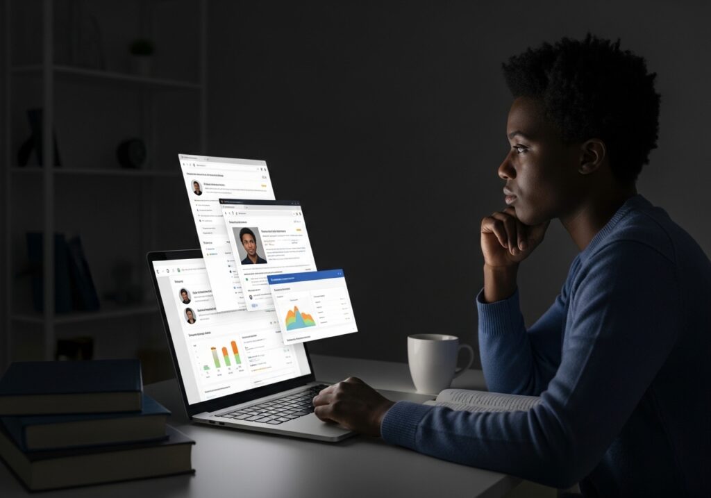 Student navigating multiple online dashboards reflecting challenges of online education growth and scaling digital learning in higher education