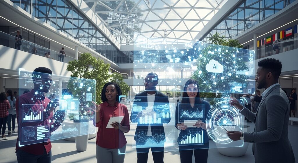 University students interacting with AI-powered analytics and cloud platforms illustrating the future of digital campus in higher education and ongoing digital transformation in universities.