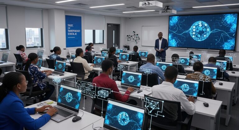 AI Ethics in Education illustrated through a classroom using AI systems with transparency and human oversight