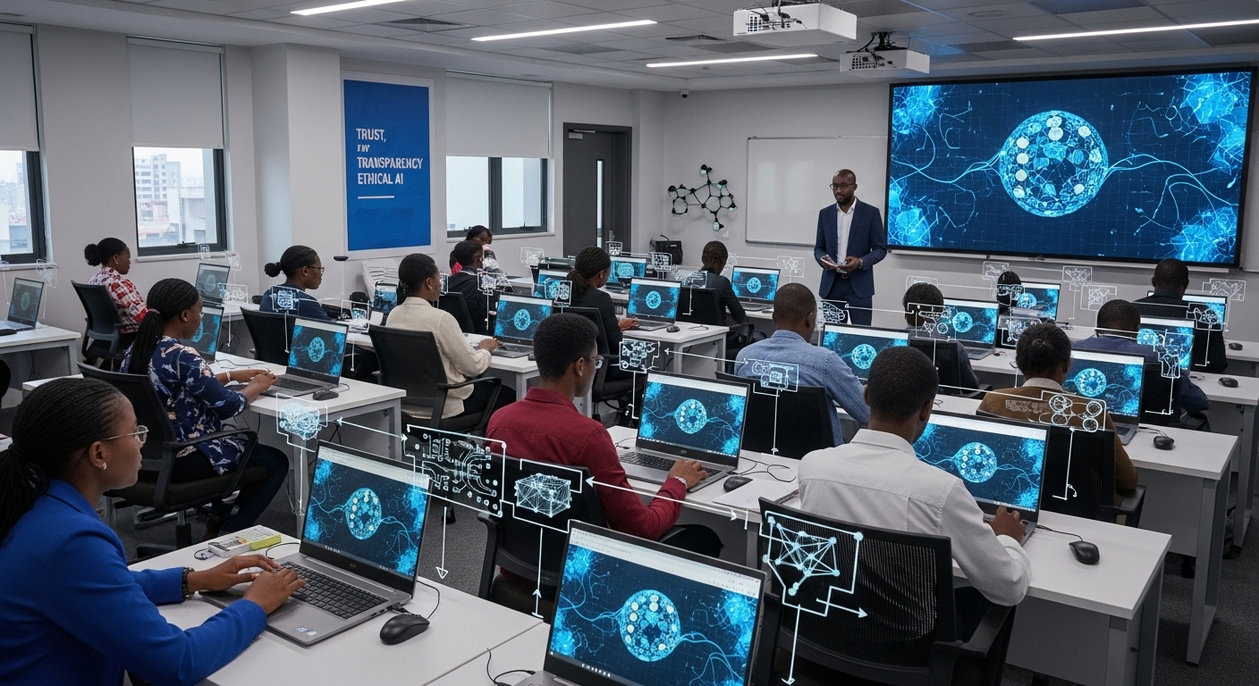 AI Ethics in Education illustrated through a classroom using AI systems with transparency and human oversight