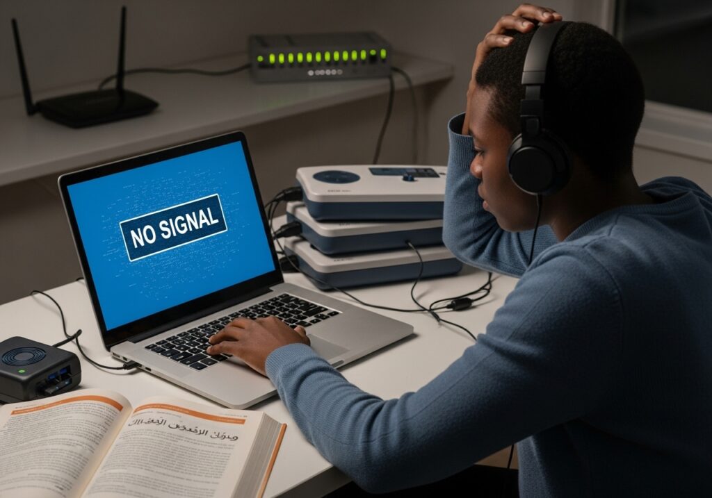 Student facing internet connectivity issues during online class, highlighting digital divide challenges in inclusive edtech and accessible learning technology adoption.