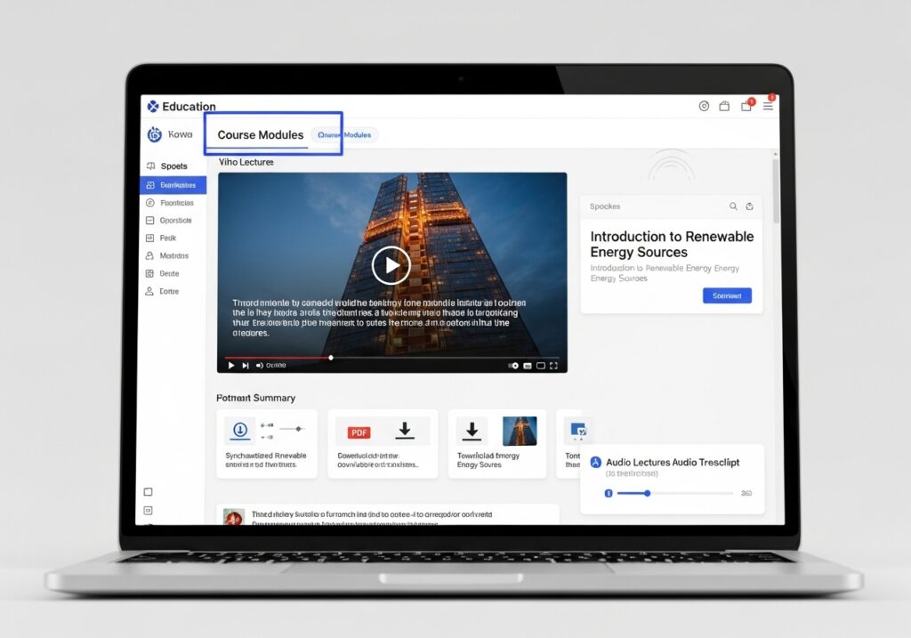 Accessible LMS interface with course modules, transcripts, and downloadable content designed to support inclusive edtech and accessible learning technology standards.