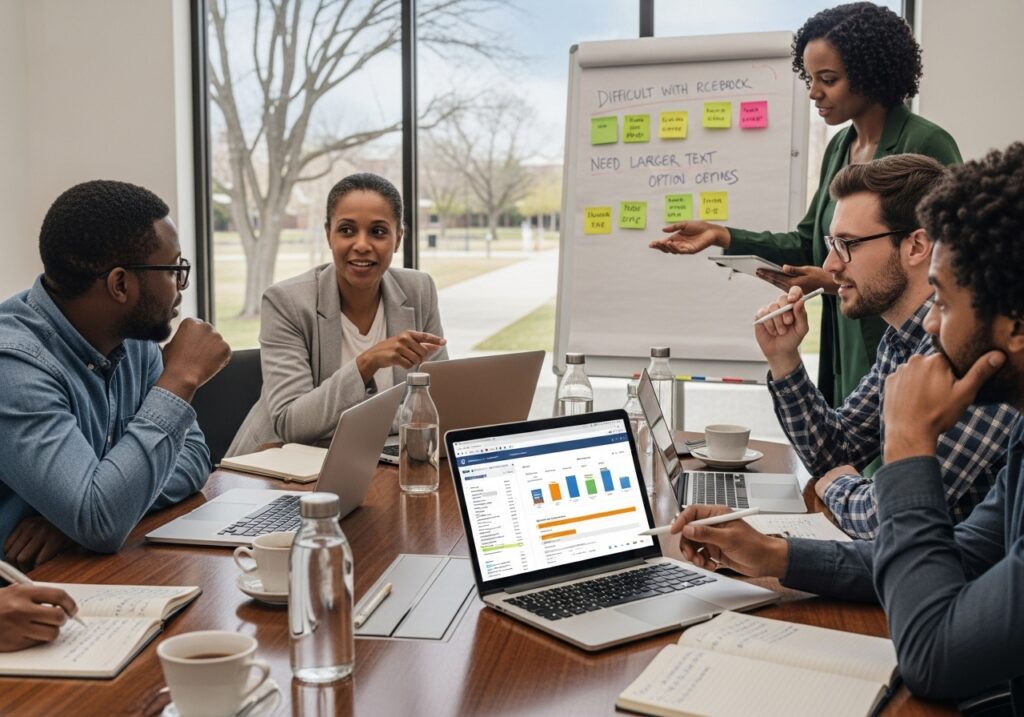 University team conducting accessibility audit meeting to strengthen inclusive edtech strategy and improve accessible learning technology implementation.
