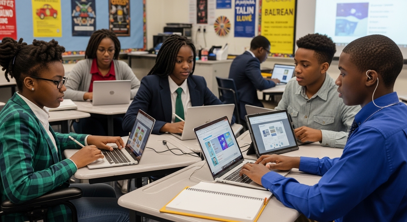 Diverse students using laptops and tablets in a digitally enabled classroom demonstrating inclusive edtech and accessible learning technology in action.
