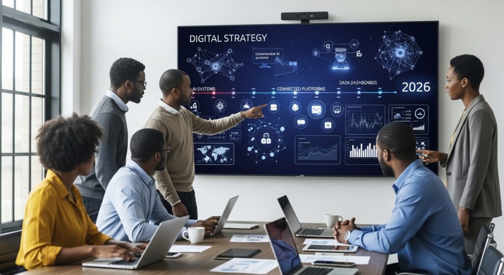 University leadership team reviewing future-focused digital strategy visuals on a large screen, timelines extending toward 2026, elements like AI systems, connected platforms, and data dashboards visible, modern higher education planning environment focused on long-term readiness