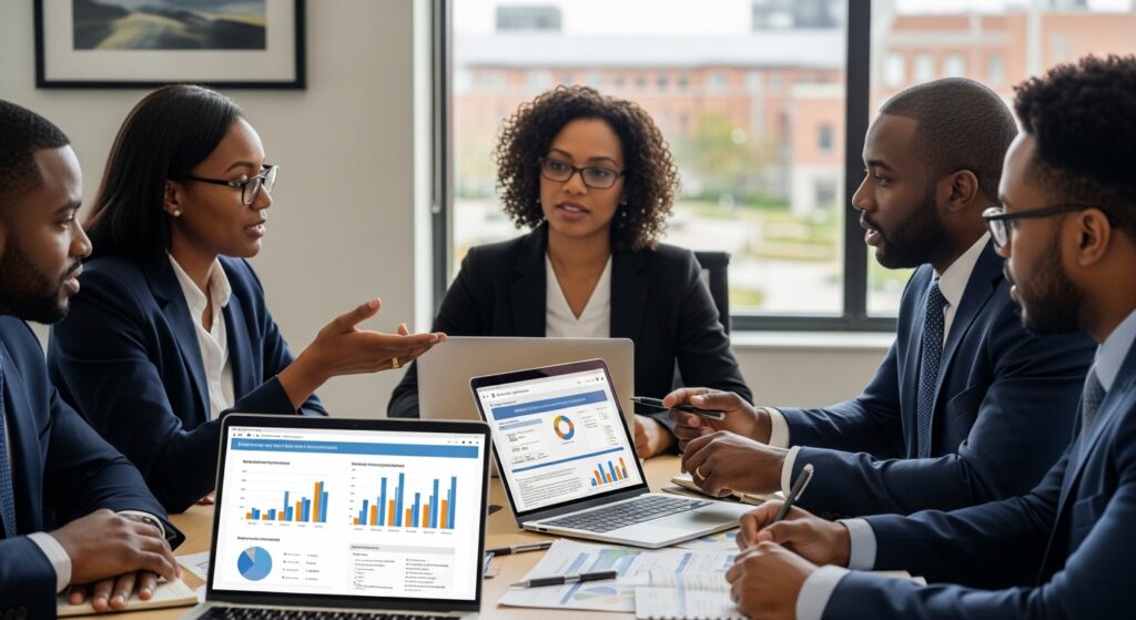 Senior university administrators in a strategy meeting, budget documents and multi-year planning charts visible on laptops, discussion centered on technology investment and policy alignment