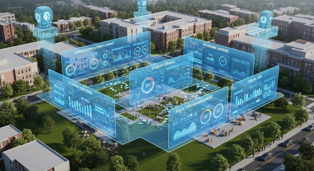 Conceptual university operations view showing AI-driven decision dashboards, connected student lifecycle stages, interoperable systems exchanging data, analytics overlays across departments