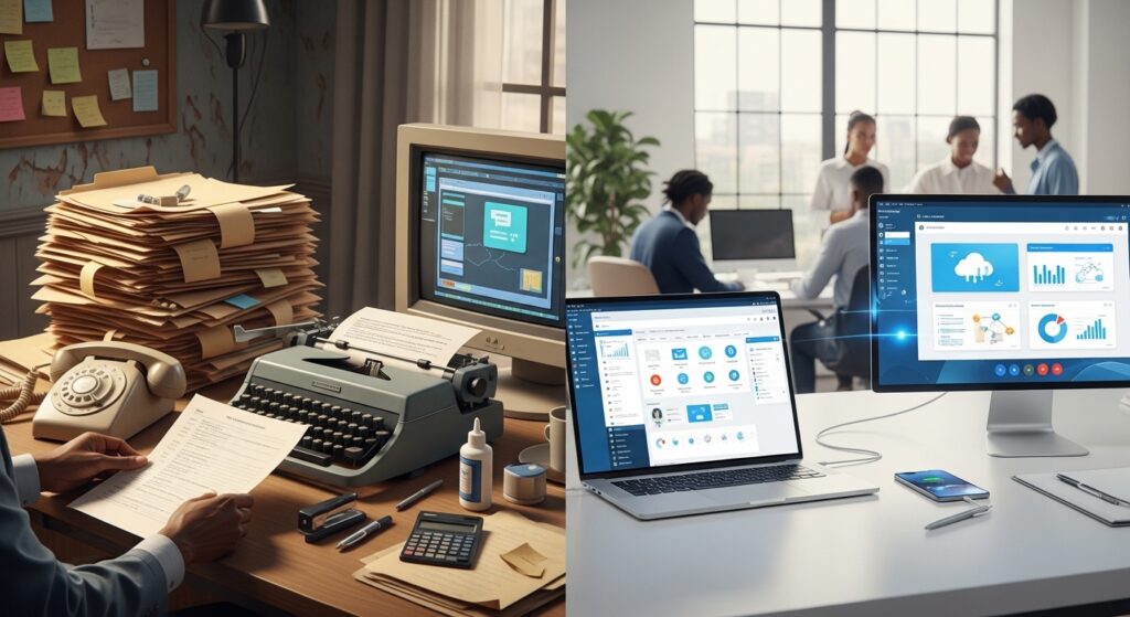 Disconnected standalone tools and manual paperwork shown alongside outdated systems, contrast with more modern digital environments, visual showing inefficiency and fragmentation