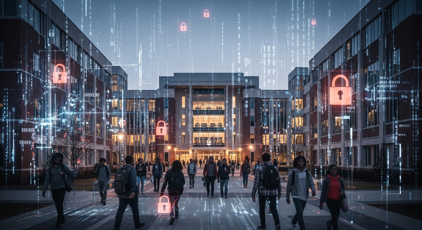 University campus blended with digital security visuals, data streams and lock symbols overlaying student records and research systems, serious institutional tone highlighting cybersecurity risk