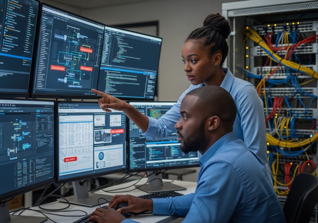 IT and security staff reviewing sensitive student and research data on secured screens, open network environments visible, focus on data value and exposure
