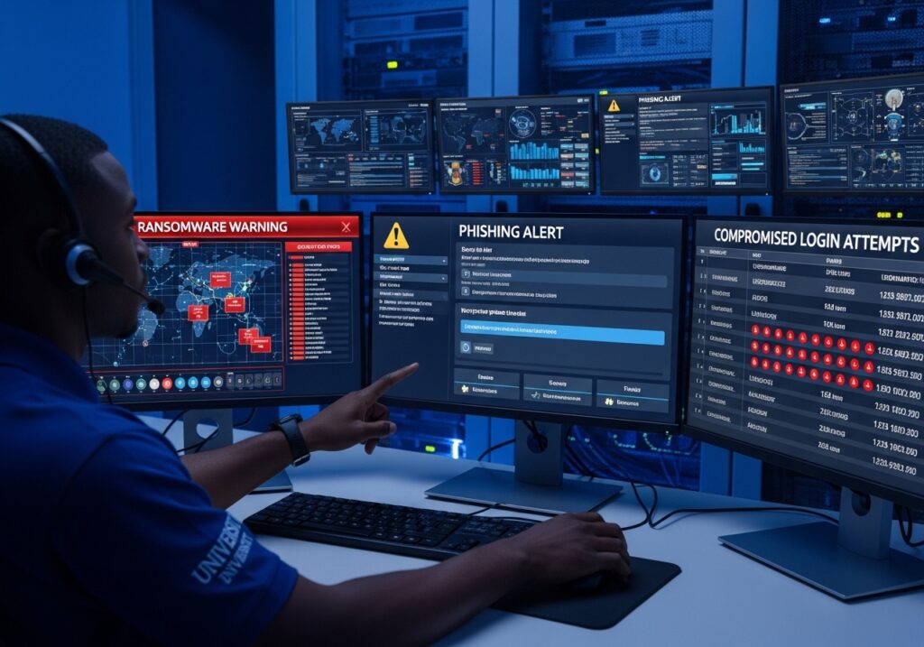 Visual of phishing alerts, ransomware warnings, and compromised login attempts on university systems, multiple threat indicators visible on monitors