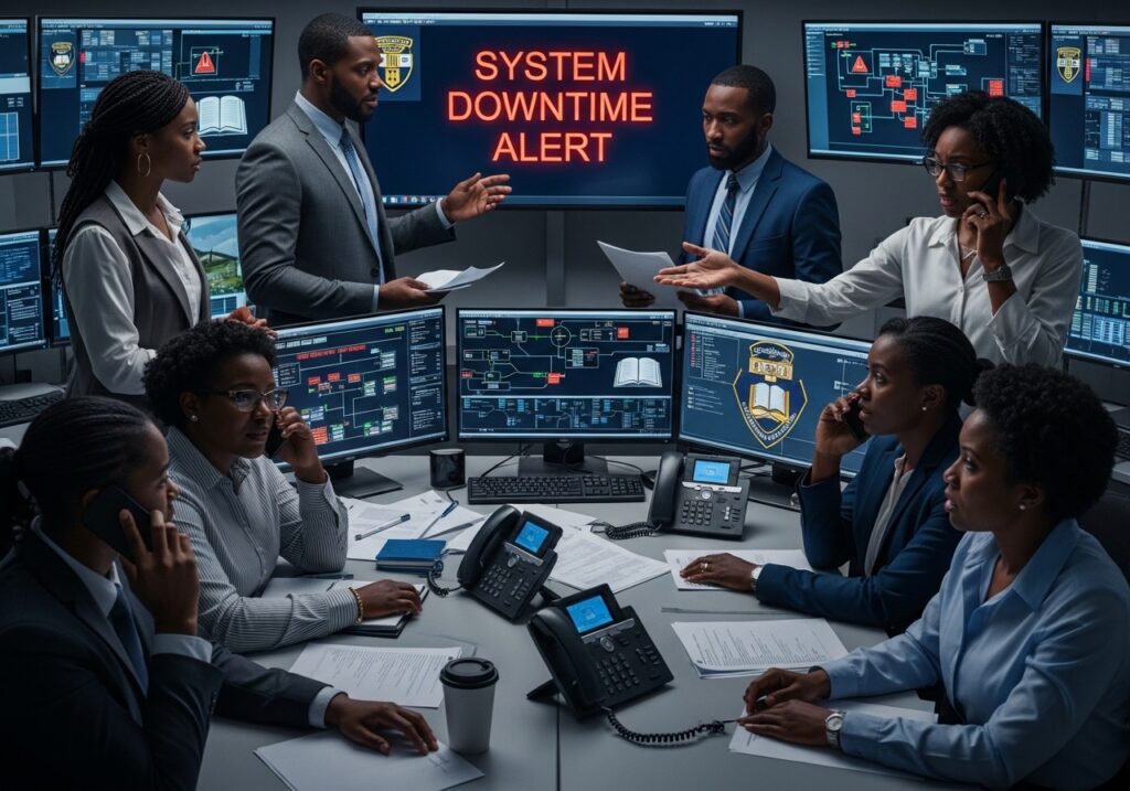 University operations disrupted after a cyber incident, system downtime alerts visible, administrators addressing issues, tense environment showing operational and reputational impact