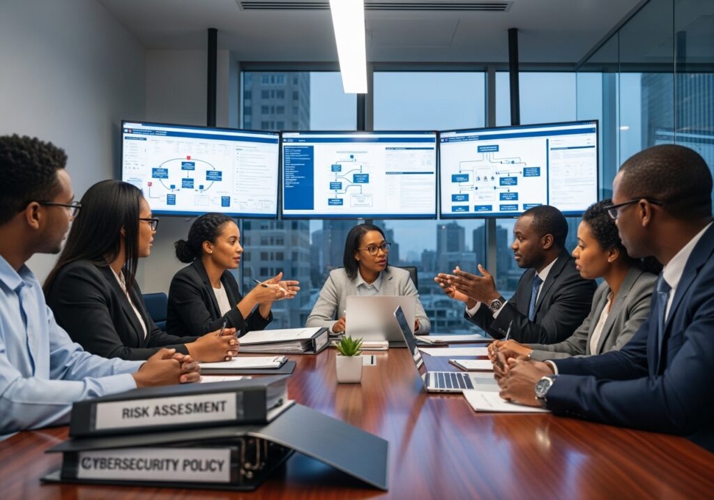 University leadership discussing risk management and cybersecurity policies in a boardroom, reports and compliance documents on screens, focus on governance and accountability