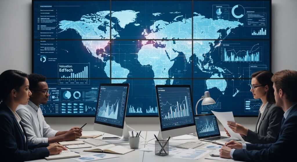 Global education leaders and investors reviewing a large digital dashboard showing worldwide education technology market growth, regional data maps highlighting Asia, Africa, Europe, and North America, charts and investment trends visible, modern international conference setting
